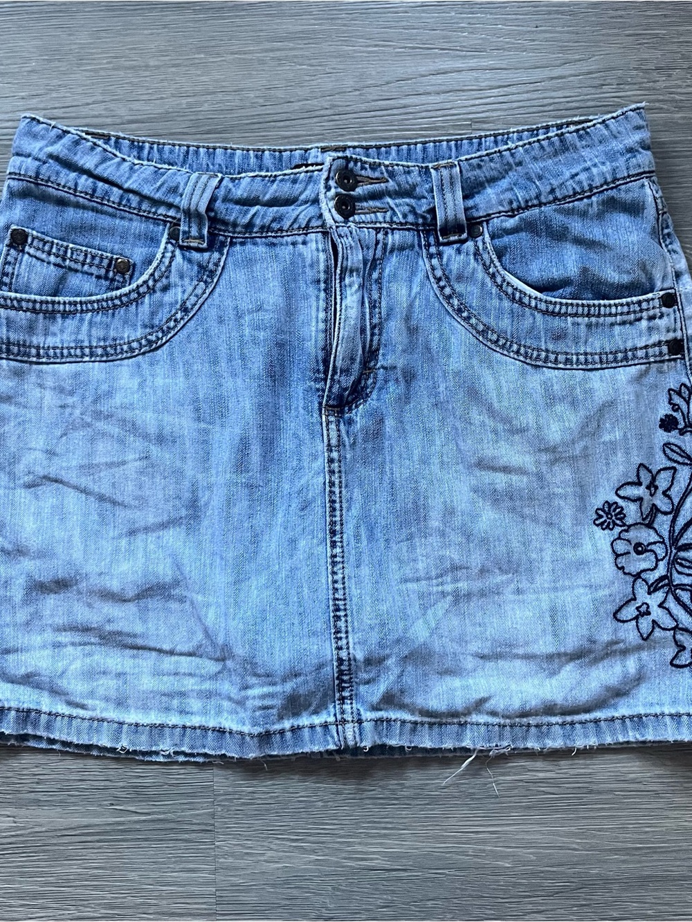 Y2K Lee Light Blue Denim Mini Skirt with Dark Floral Embroidery